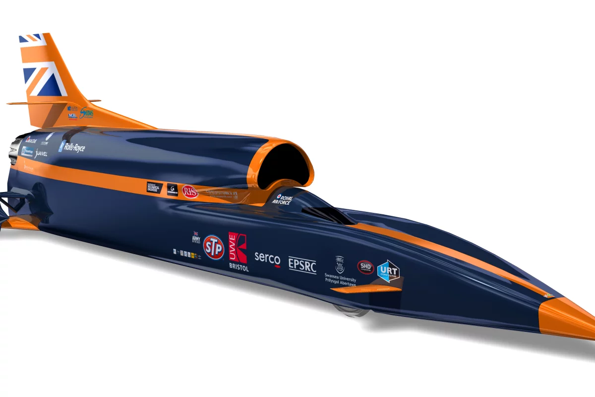 The BLOODHOUND SSC hopes to reach speeds of more than 1,000 mph (1,610 km/h) in 2015 with its 3D-printed nose tip