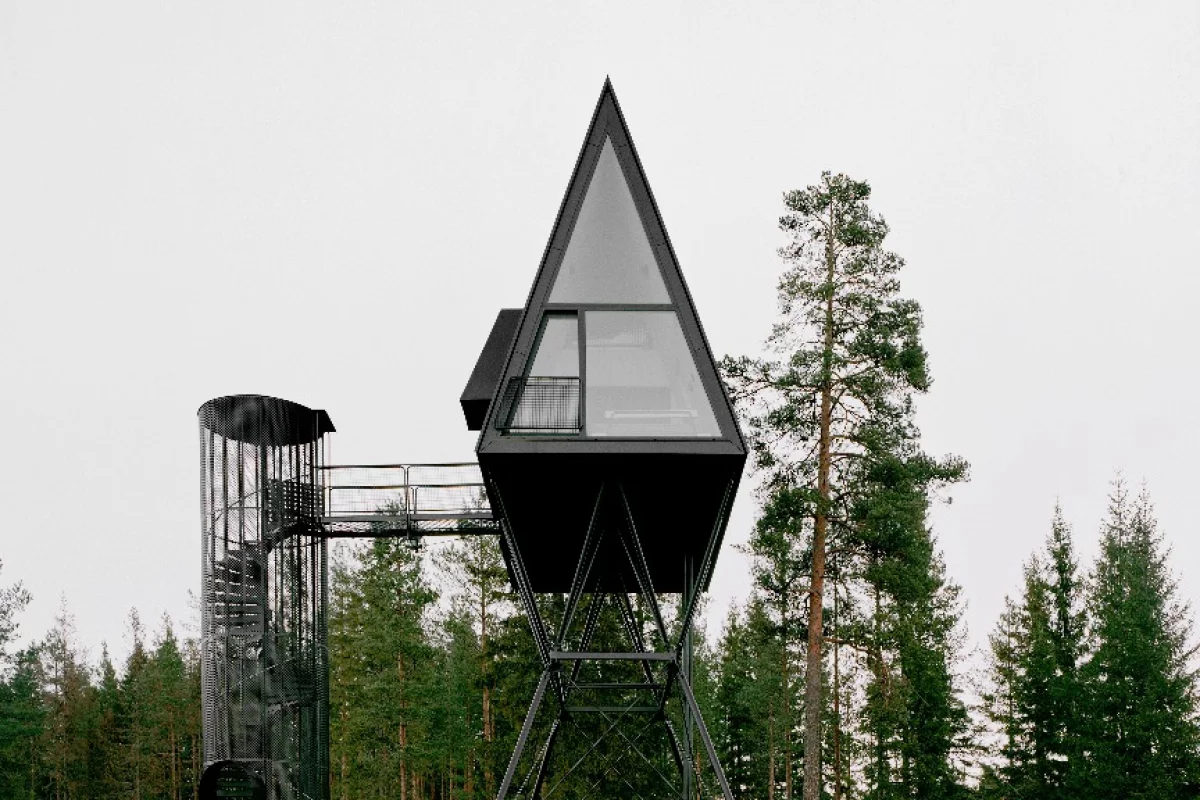 The Pan Treetop Cabins are part-inspired by the Moomins and are raised 8 m (26 ft) above the ground