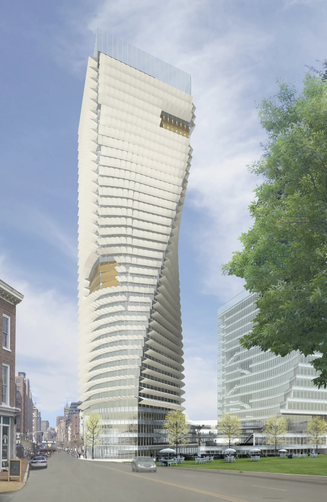 The shades could be customized with some architectural bling to include integrated LED lighting – thus altering the appearance of the building's facade