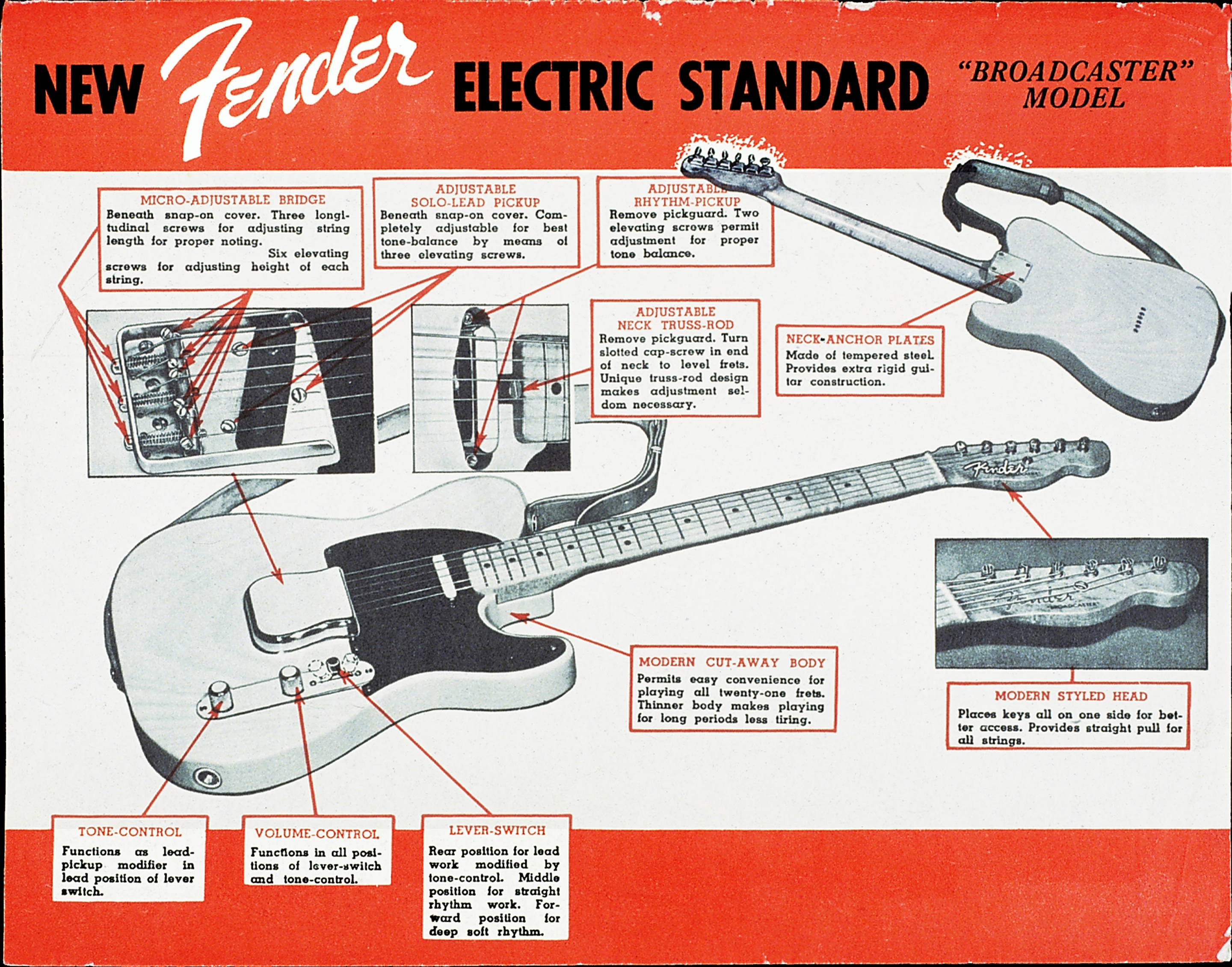 An advert announcing the arrival of Fender's new electric solid-body guitar