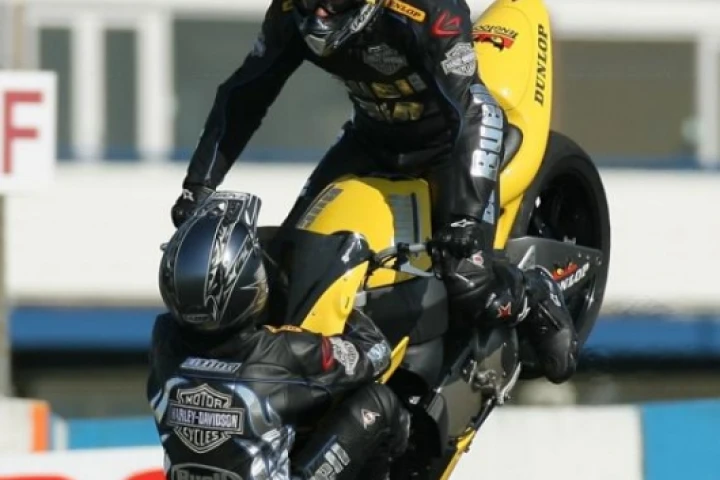 Craig Jones (riding) and Wing Chui (front wheel) breaking the world record at Donington.