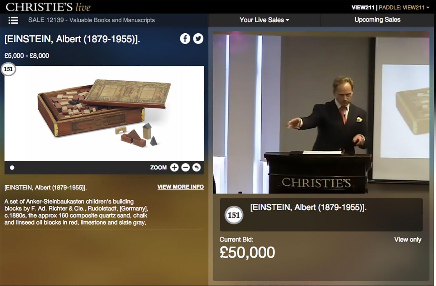Einstein's childhood building blocks sold for £62,500 ($82,564).