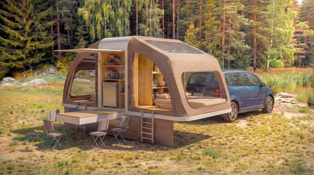 Wingcube camper pod mushrooms into double-bedroom platform tent