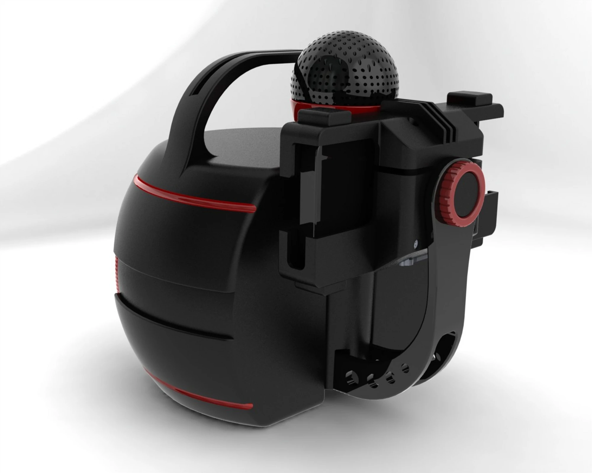 A microphone with a universal cage holds a smartphone to display the karaoke songs
