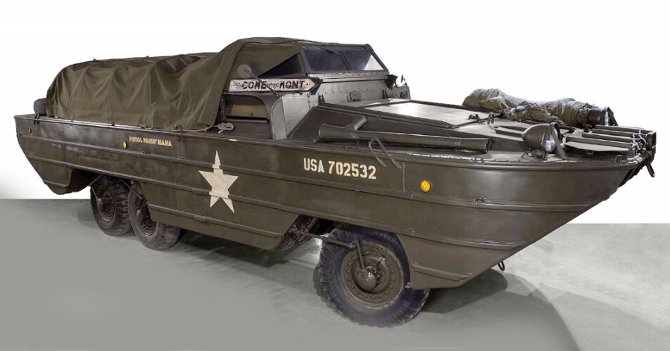 One of the lots in the D-Day sale was this General Motors amphibious, all-wheel-drive, dual-axle DUKW designed by famous Naval architects Sparkman and Stephens in 1941. Known the world over as a "duck", it was manufactured in quantity for amphibious assaults, with the biggest modification coming early in its production when a tire pressure modification system was added, allowing the DUKW to adapt to all kinds of surfaces (sand, mud, rocks, etc) on the fly. This technical innovation is evident nowadays in military vehicles and rally-raid race vehicles.