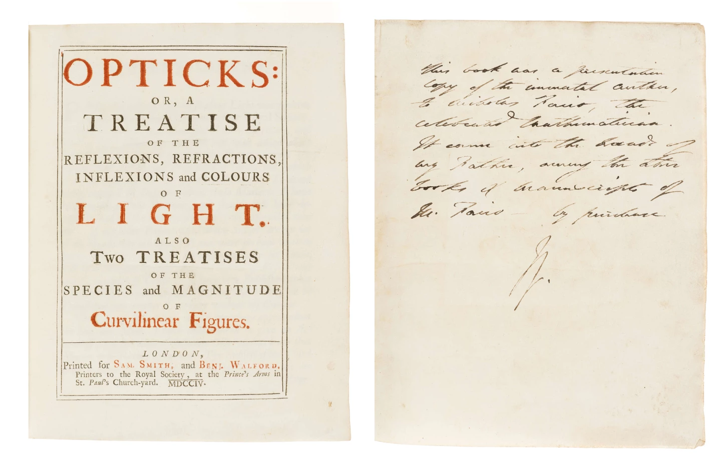 This presentation copy of “Opticks: or, A Treatise of the Reflexions, Refractions, Inflexions and Colours of Light” by Isaac Newton sold for $246,685 at Forum Auctions on July 9, 2020
