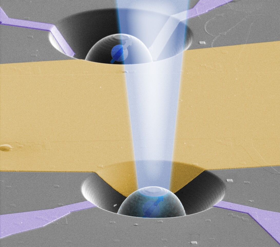 An electron microscope image of one of the two devices, with a fictitious teleportation beam added (Image: Hanson lab at TU Delft)