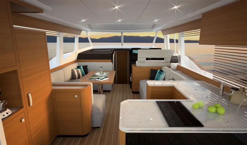 The Greenline 48 salon seen from the galley