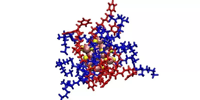 A molecular model of the new treatment package – the gold atoms (brown) can be seen in the center, surrounded by positively charged ligands (red) which are attracted to bacteria, and zwitterionic ligands (blue), which protect the host's cells