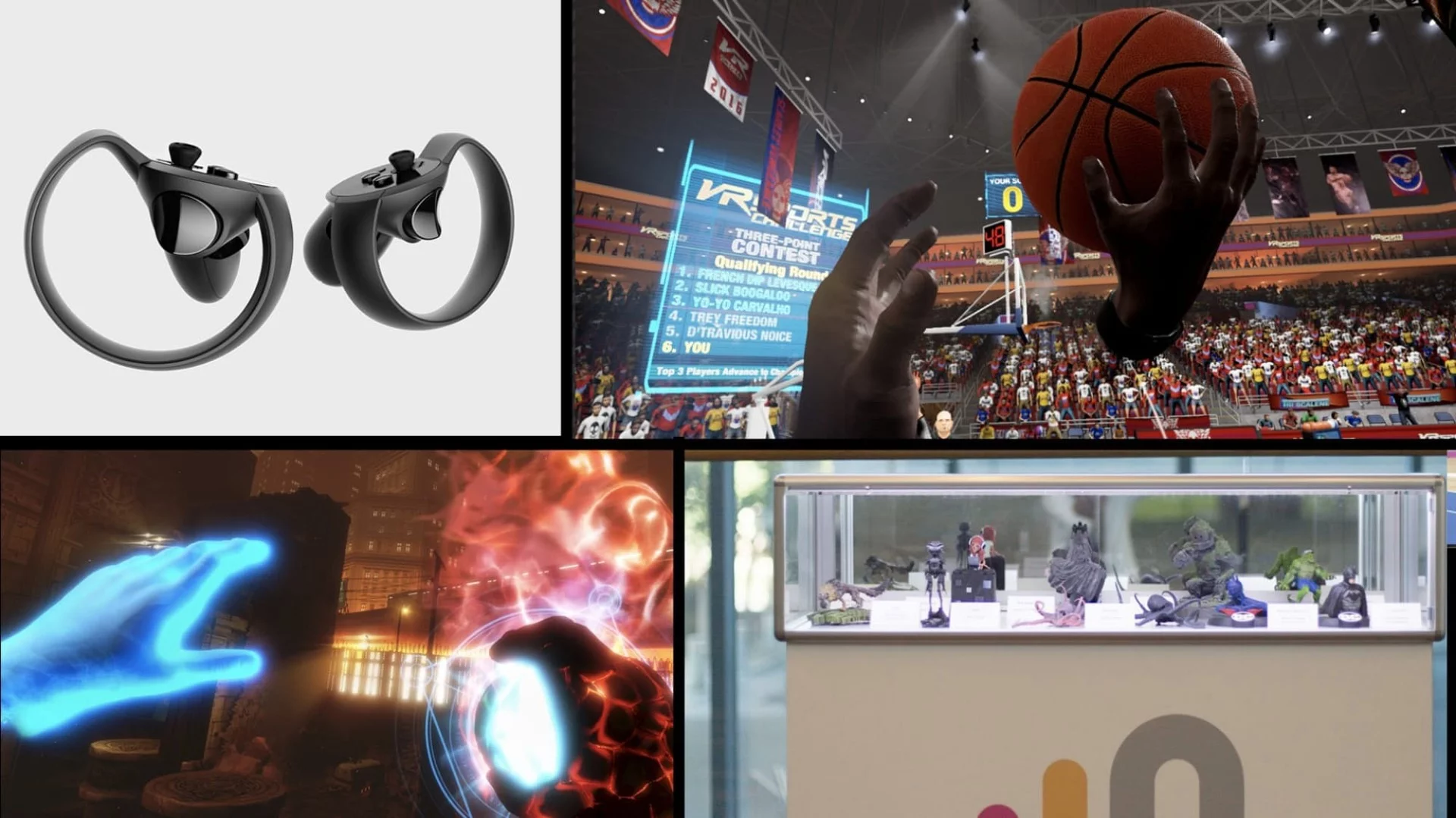 Clockwise, from top right: VR Sports Challenge, Oculus Medium, The Unspoken