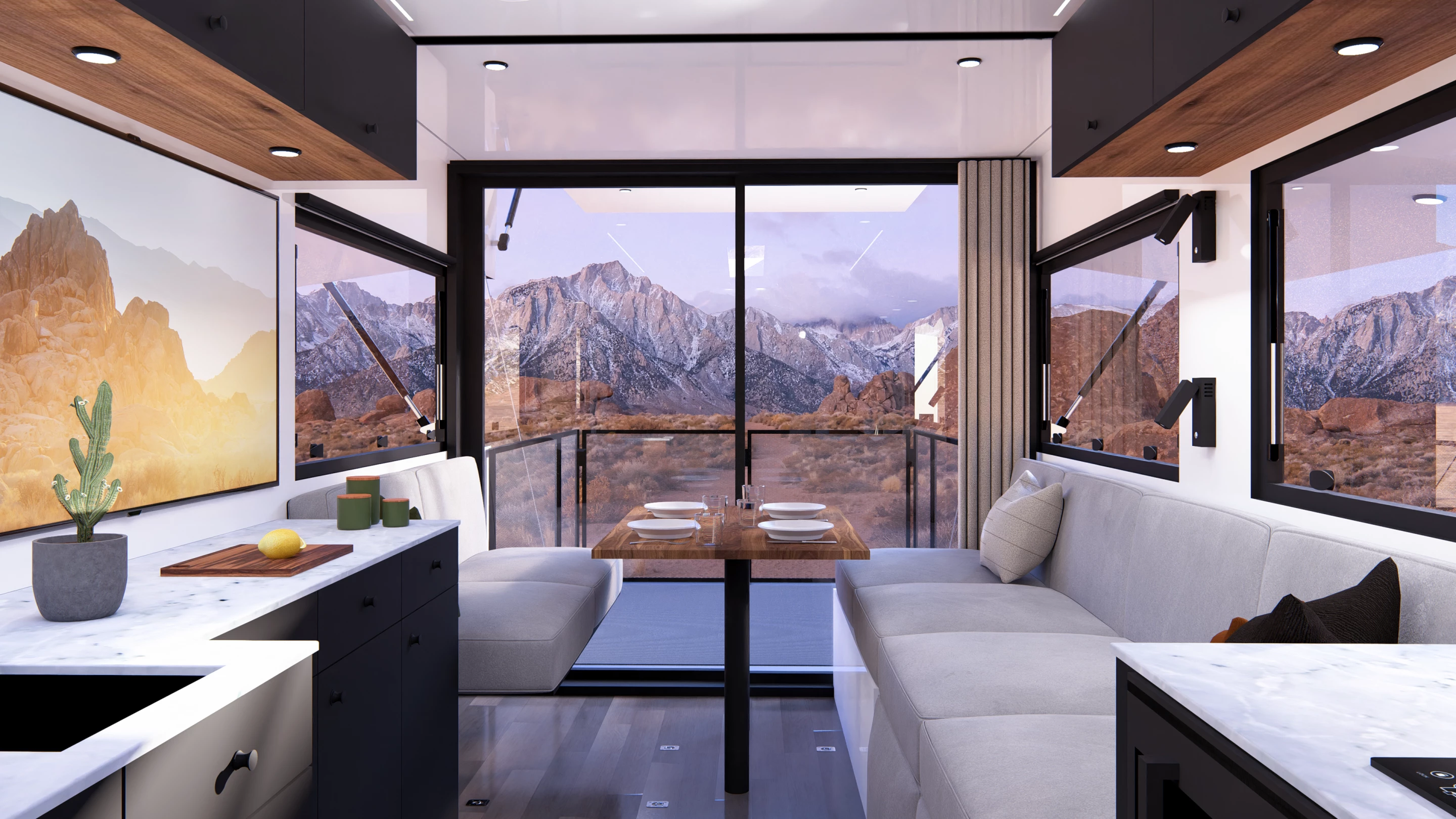 Living Vehicle keeps the focus on the great outdoors by tucking its convertible furniture right up next to the full-height glass patio doors