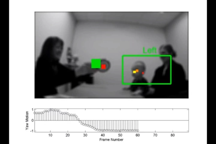 A computer algorithm tracks eyes, ears, and a toy, with the goal of spotting warning symptoms of autism