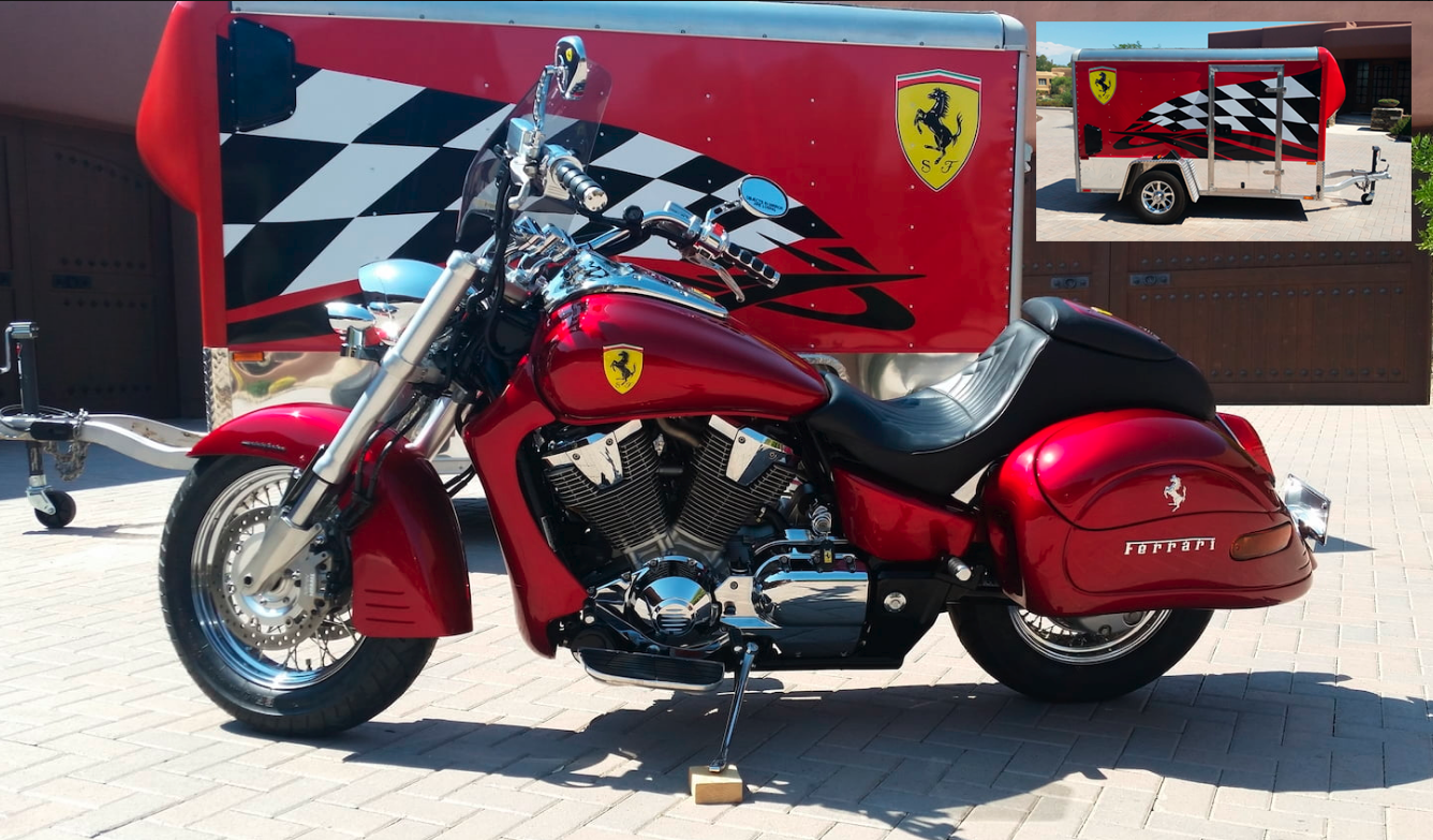 No sale for a motorcycle with plenty of star power. The Ferrari-themed Honda VTX 1800 has only 10,000 miles on the clock, thanks to being trailered to shows, where it "consistently wins Fan Favorite, Best Paint and Construction at both motorcycle and car shows" according to the auction description. Was selling with the themed trailer but bidding only reached $7,000.
