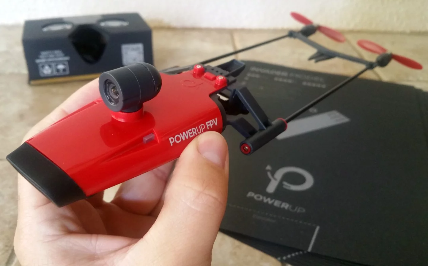 The PowerUp FPV's top-mounted camera can rotate 180 degrees to face backwards if desired