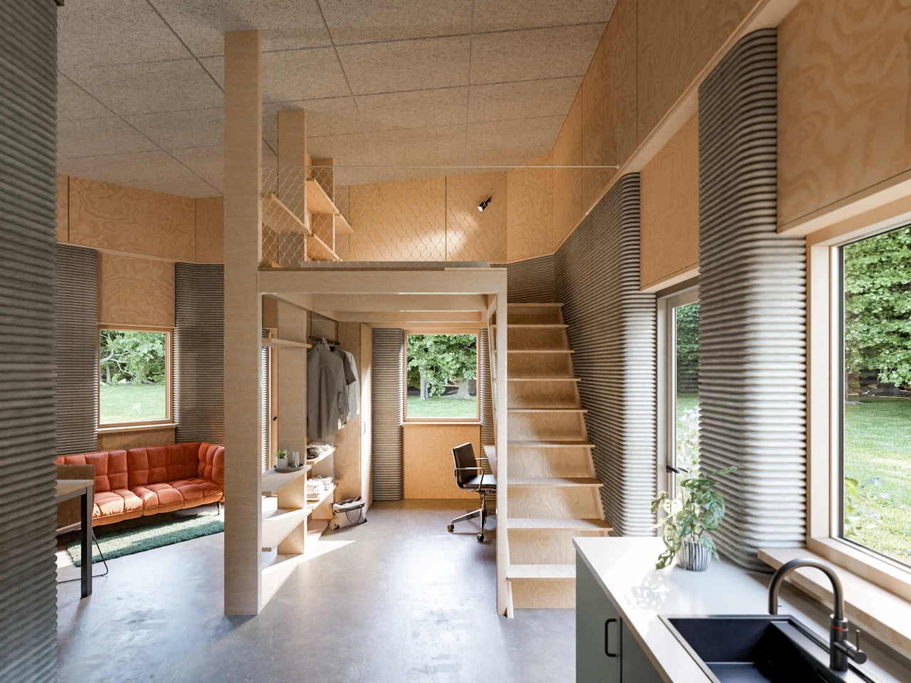 Skovsporet's interiors are partially finished in wood to offset the coldness of the 3D-printed concrete