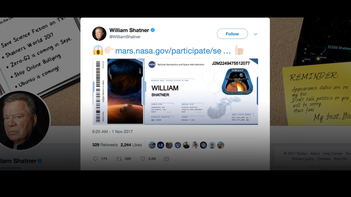 Actor William Shatner recently shared his "boarding pass" for the InSight mission.
