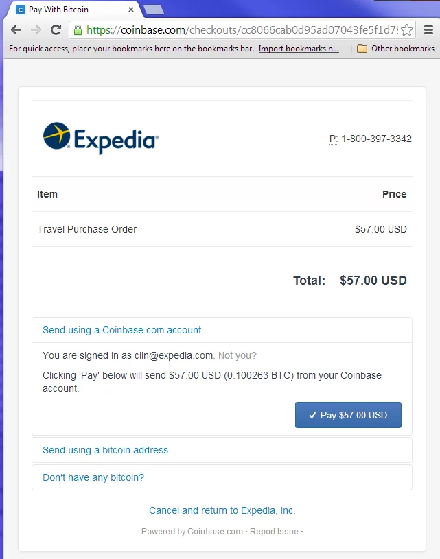 Expedia site with bitcoin checkout receipt