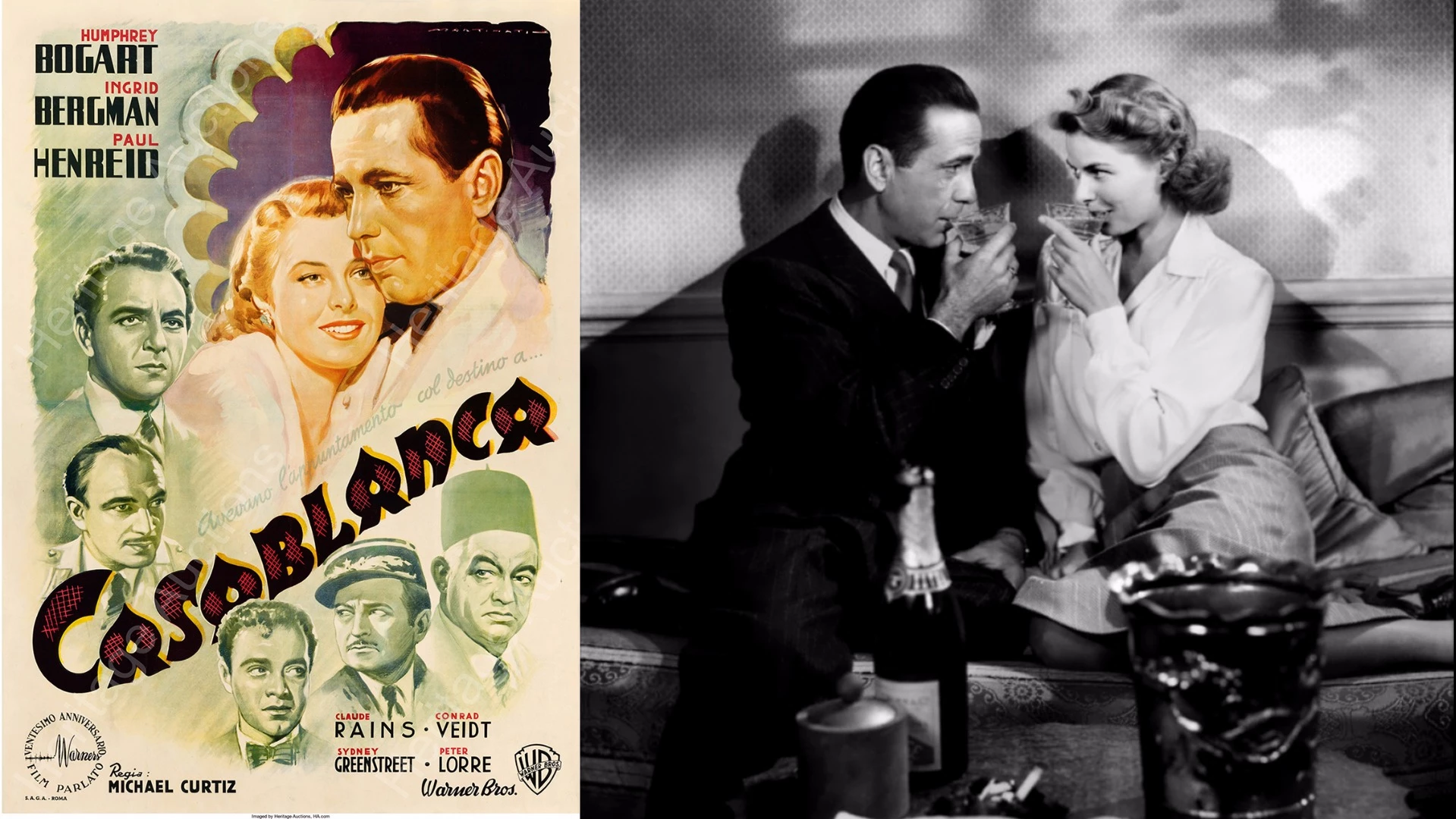 The second most valuable movie poster ever sold - the Italian Casablanca poster fetched $478,000. At right are the stars of the movie, Humphrey Bogart and Ingrid Bergman