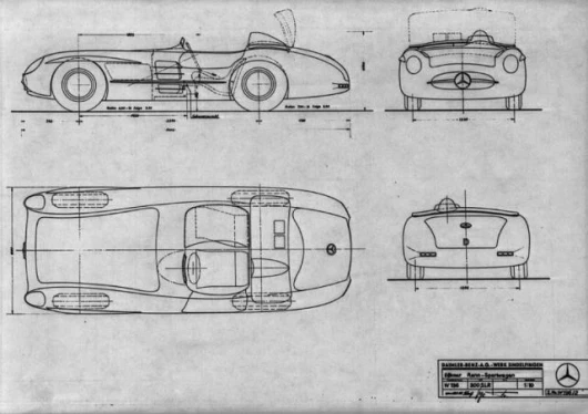 The blueprints for the vehicle - a very thinly disguised 300SLR racer, a car that was dominating sports car and Grand Prix racing