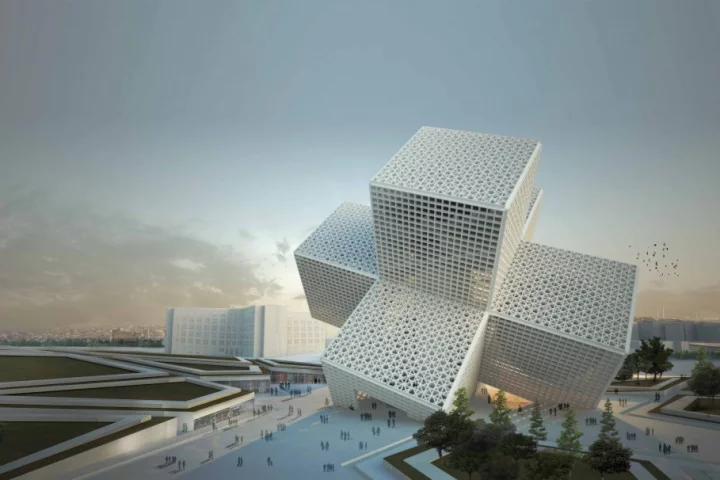 The design resembles an emergency cross symbol that has fallen onto its side, as if affected by an earthquake (image: OODA)