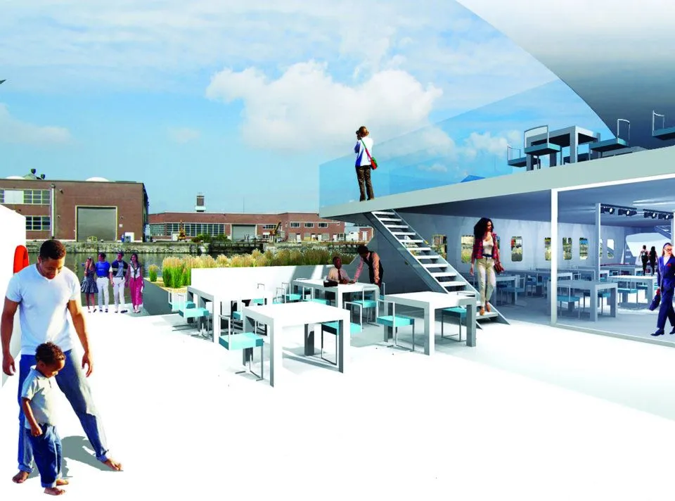 Beneath the pool is a buffering hold which fills with water from the pool during the evening, supposedly preventing evaporation of water as well as insulating it to keep it warm, reducing the facility's energy consumption