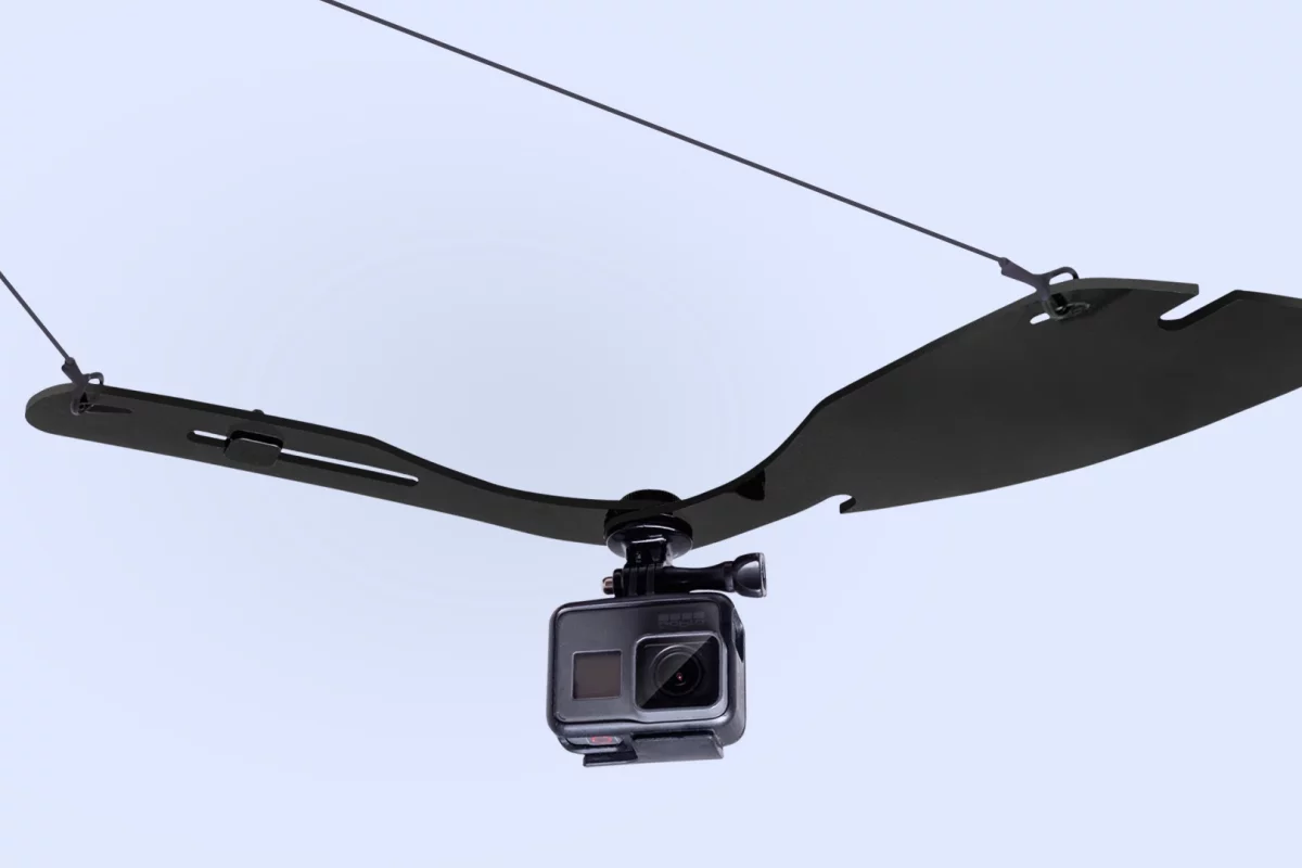 The Wingo Pro works with third-party actioncams, and has an adjustable counterweight to keep it balanced