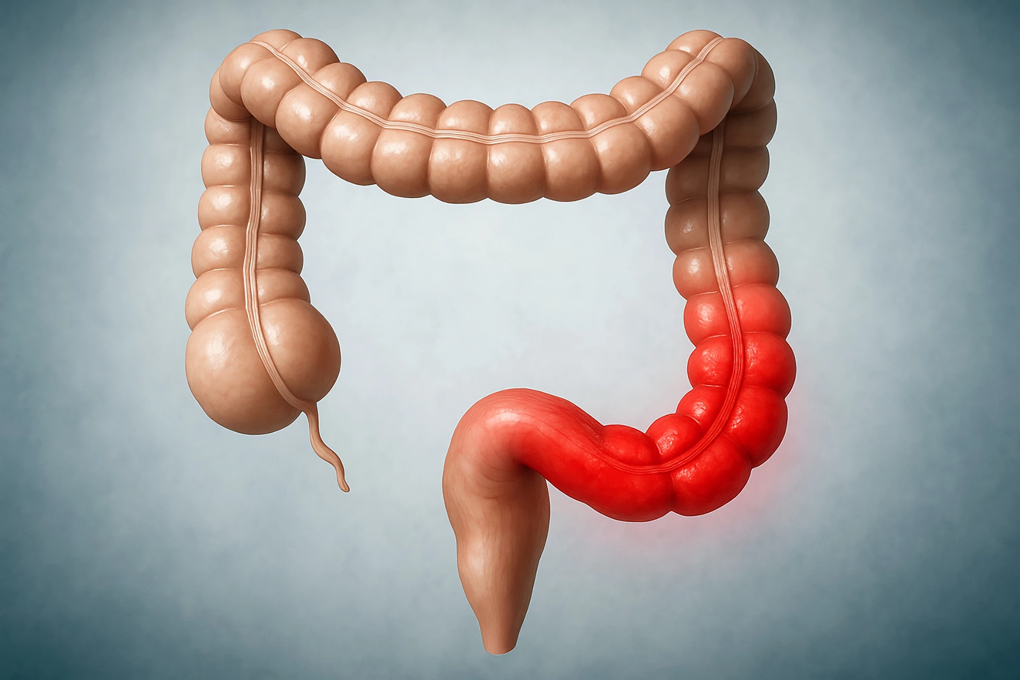 Ulcerative colitis causes the gut lining in the colon (large intestine) to become swollen and develop ulcers