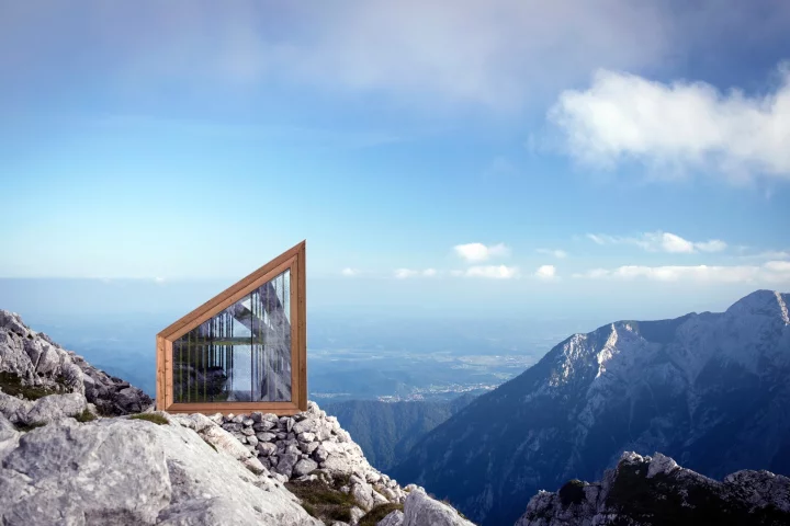 The Mount Skuta alpine shelter designed by Slovenian architectural firm OFIS, AKT II engineers and design students from Harvard Graduate School of Design