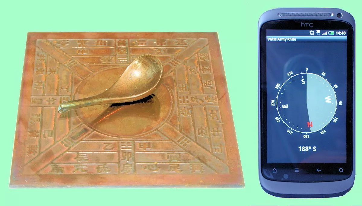 On the left appears a Han dynasty magnetic compass, in which a lodestone spoon rotates on a brass plate, while on the right is shown a smartphone with an internal magnetometer (Photo: )
