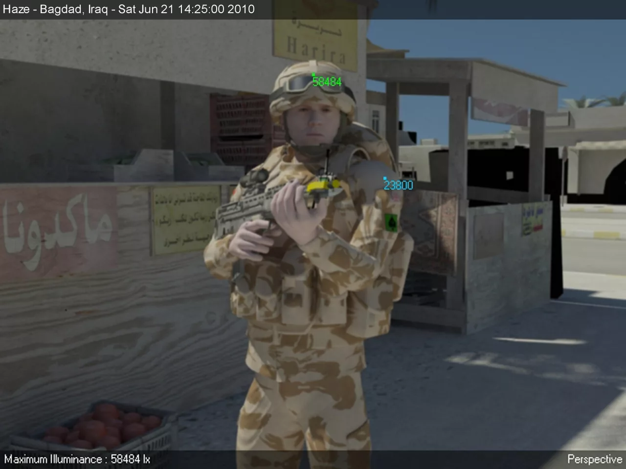 A soldier in a fictitious but realistic urban, desert environment, with superimposed numbers representing readings for anticipated sunlight (Image: EPSRC)