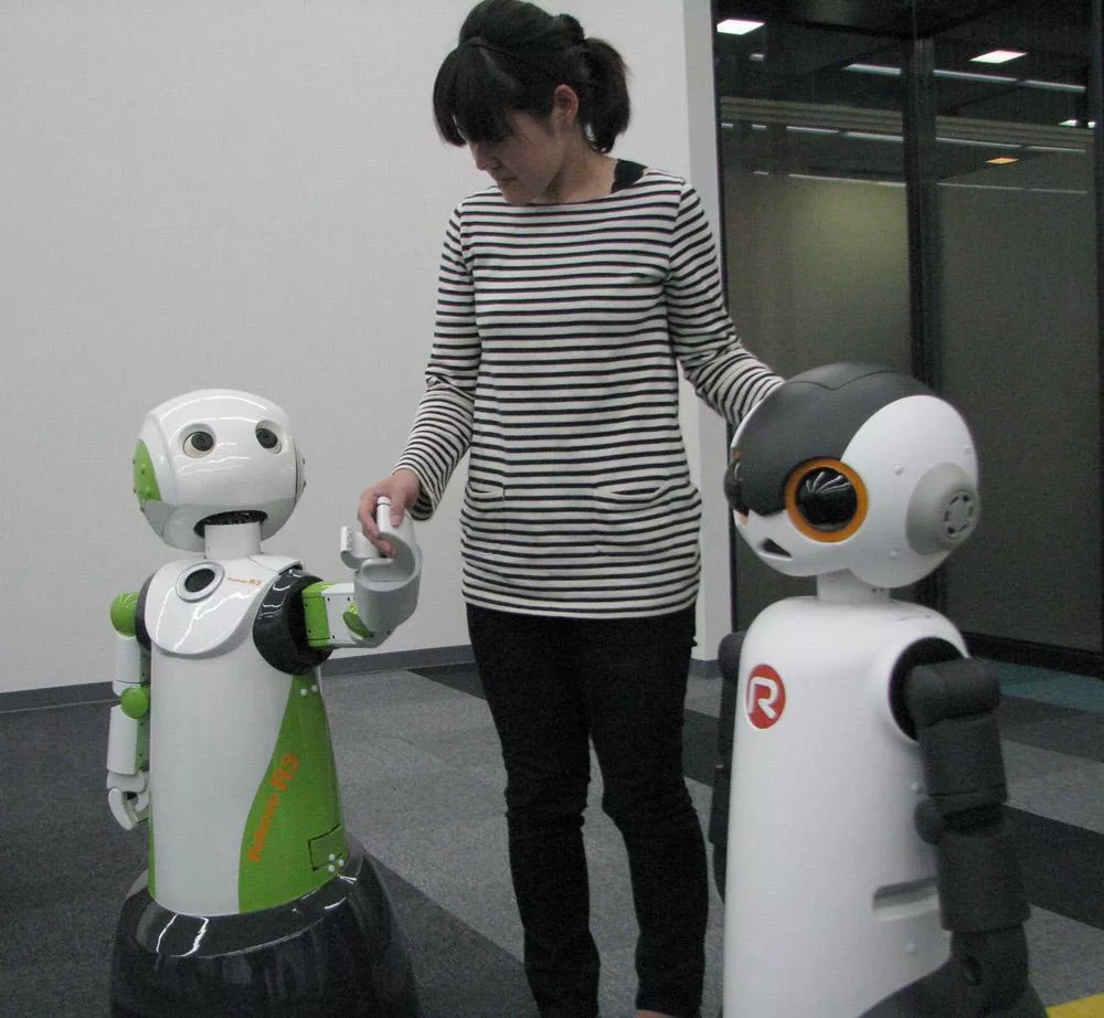 Two different models of the Robovie R3, with the one on the right designed by famed robot creator Tomotaka Takahashi (ROBO-GARAGE)