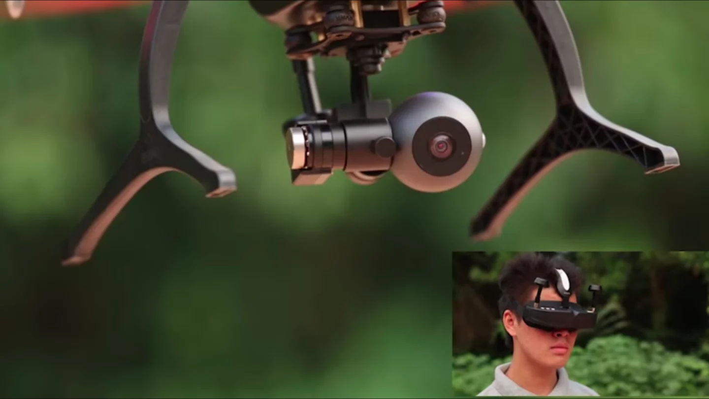 The system takes the movement of the VR headset and uses it as input controls for the Ghost Drone 2.0's gimbal