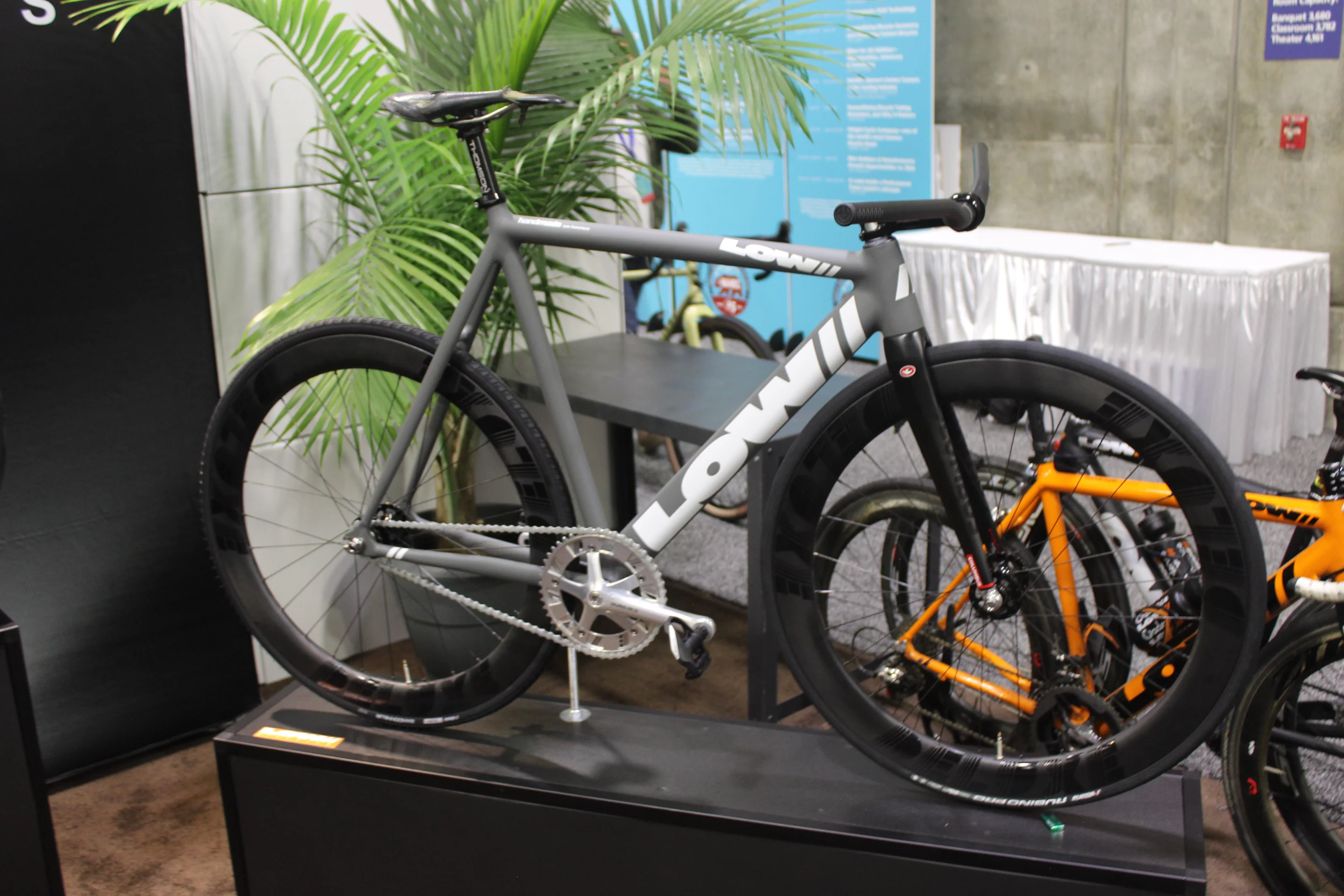 A track-style fixie commuter bike, this one a titanium model from Lowii Bicycles