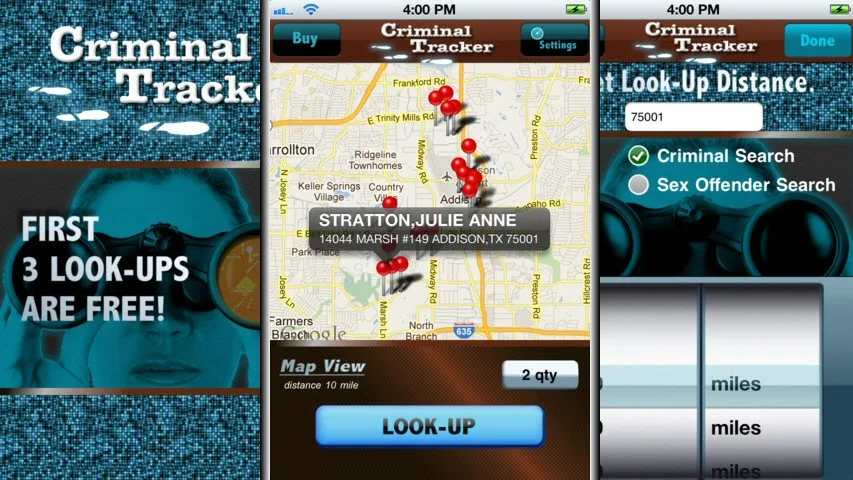 U.S. Publications Inc has released an app for iOS devices called Criminal Tracker, which tracks and identifies the location of criminals such as sex offenders within a 40 mile radius of a given area