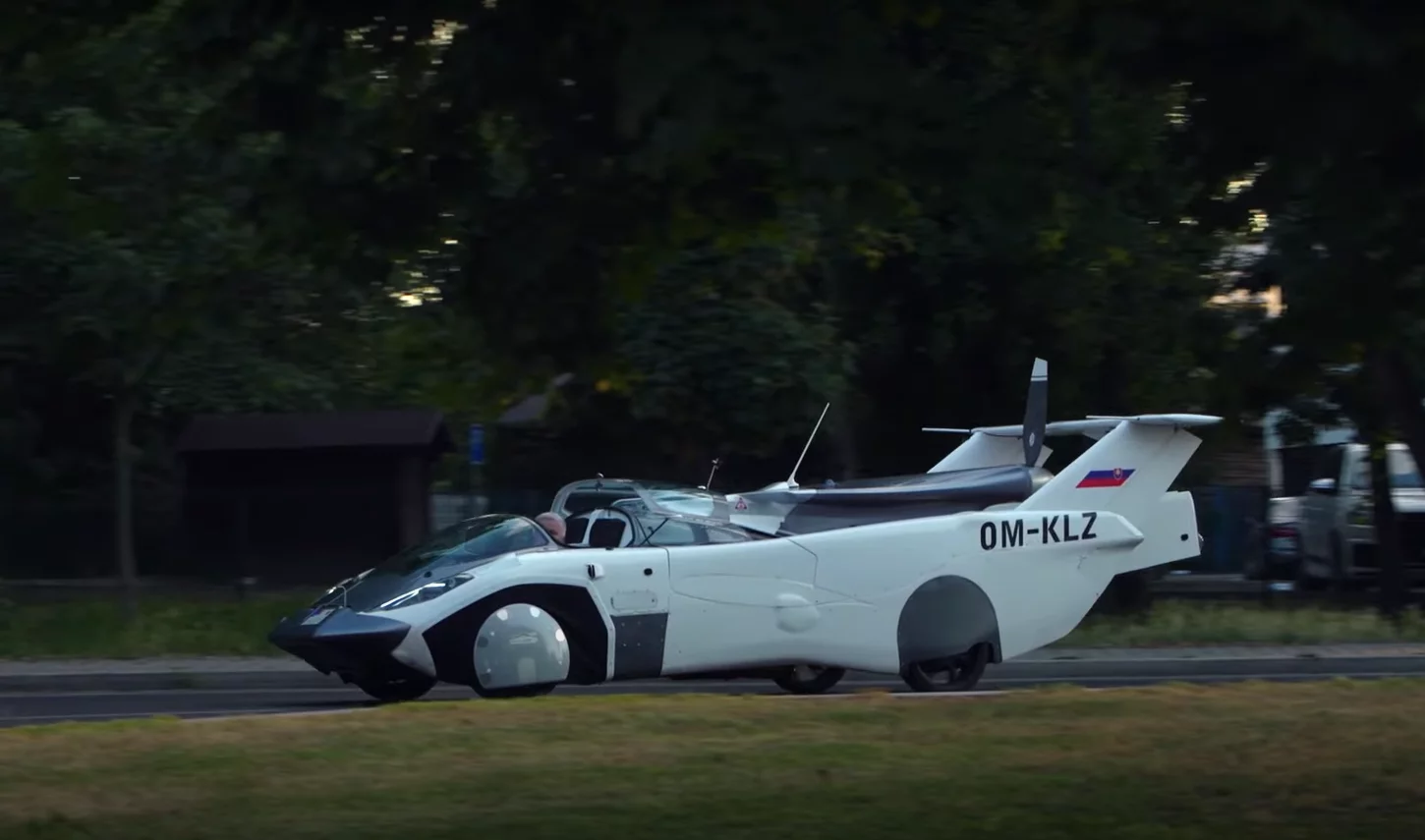 The AirCar in road mode, with wings tucked in the body and tail retracted