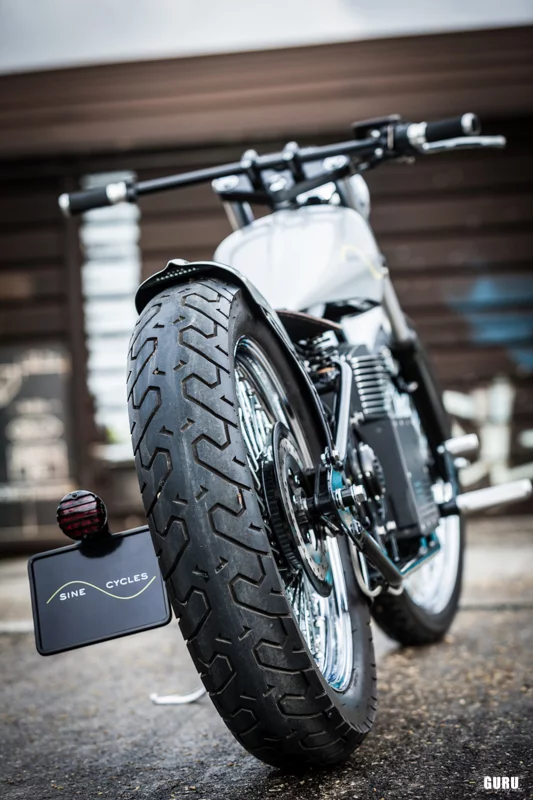 A thin 18-inch rear wheel for the Sine Cycles electric chopper