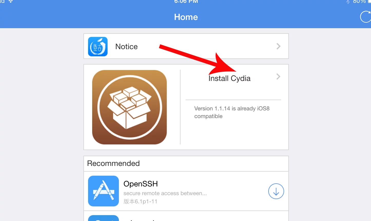 The Cydia Installer, within the Pangu app