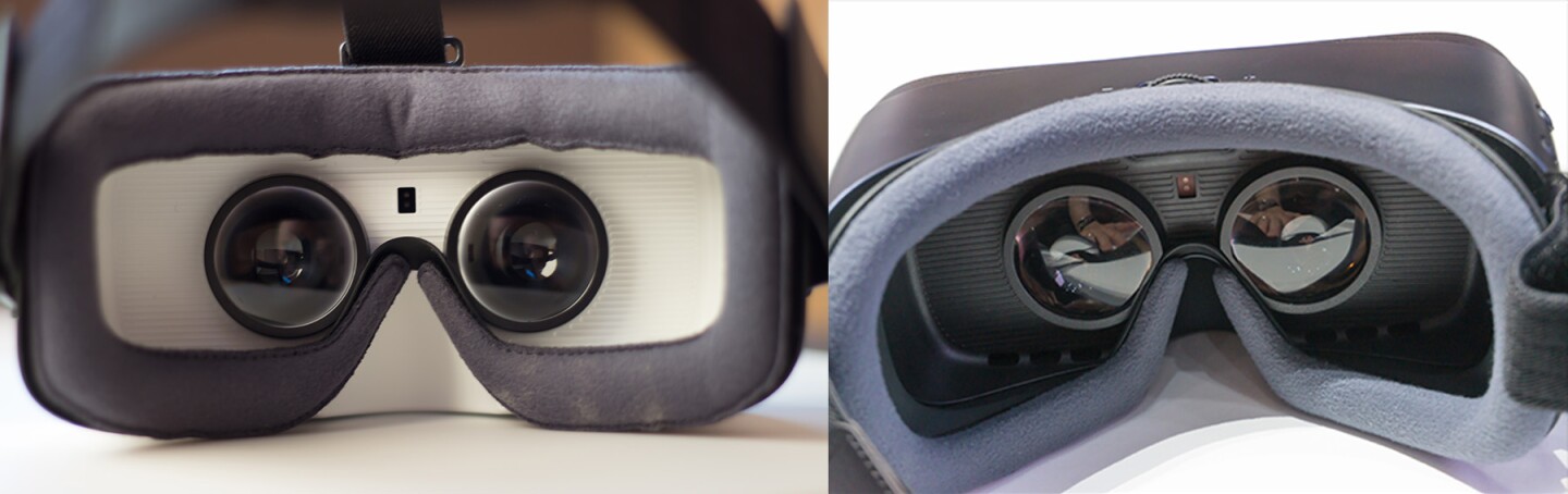 Older Gear VR with white interior on the left, next to new Gear VR with dark interior and wider-stretched face pad