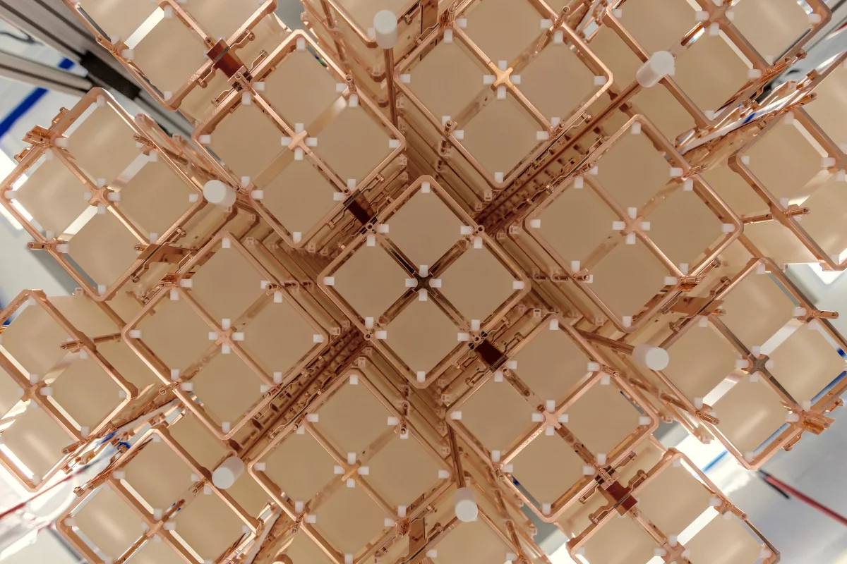 Bottom view of the 19 CUORE towers installed in the cryostat designed to help explain why the universe is made mostly of matter