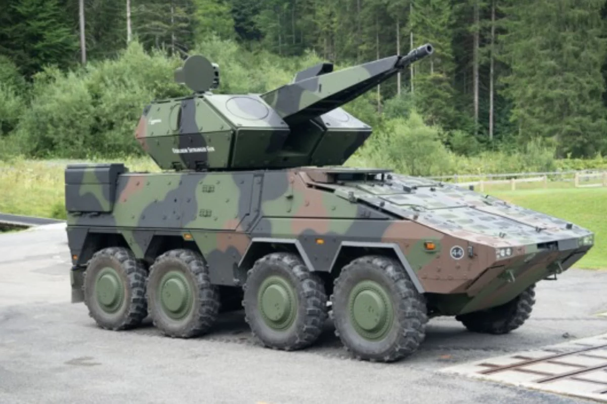 The Skyranger 30 HEL turret mounted on an 8 x 8 armored vehicle