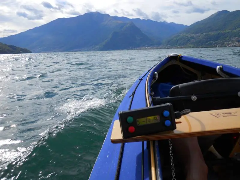 The E-Kayak motor is easily operated by way of the digital unit and foot-steered rudder system