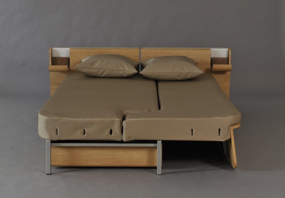 Story can be pulled out to form a bed, with the storage remaining in place