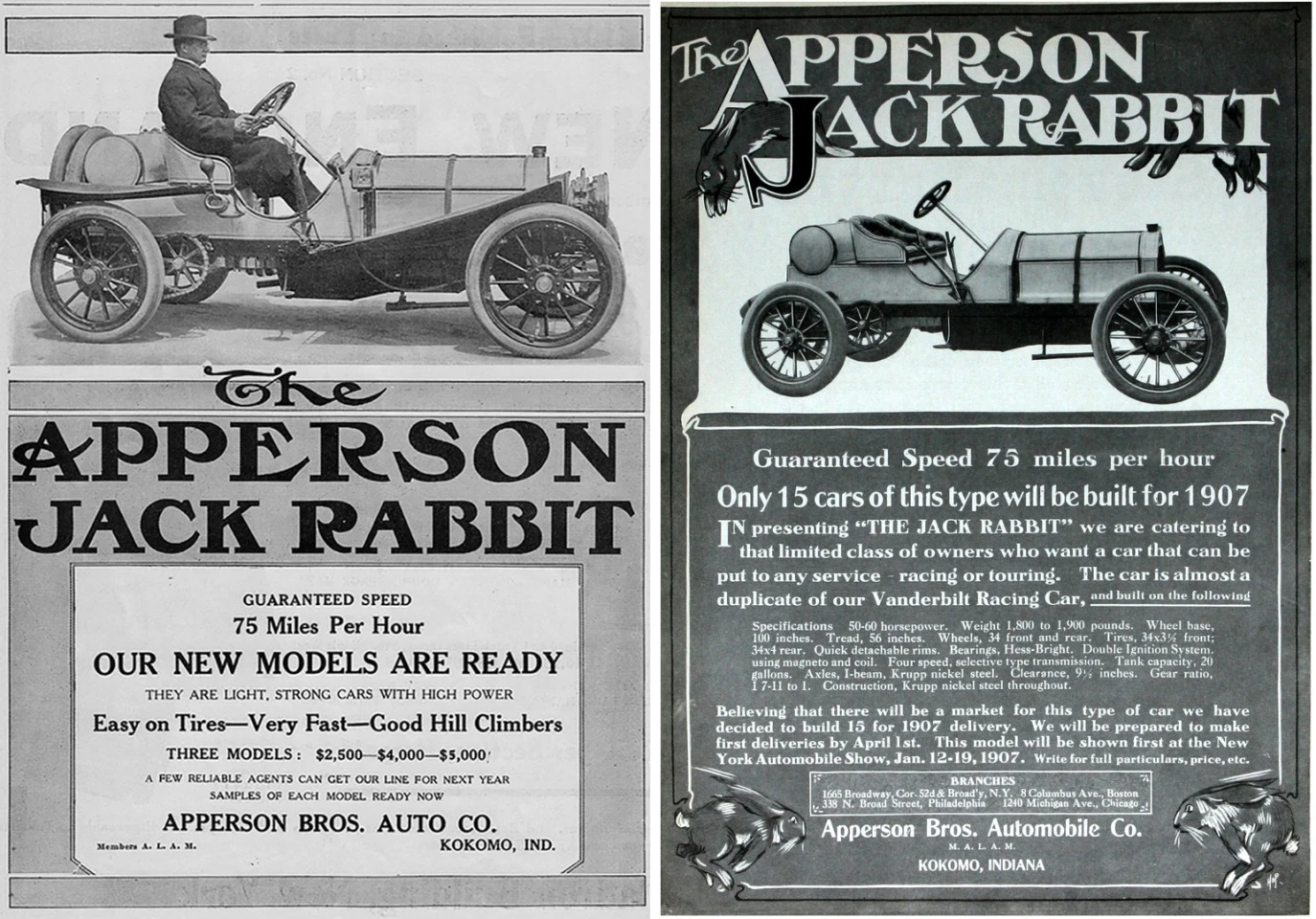 There can be little doubt from looking at the advertisements above from 1907, that the American Apperson Jack Rabbit was a sports car in every sense, with a guaranteed top speed of 75 mph and the words from the advertisement: In presenting 'The Jack Rabbit' we are catering to that limited class of owners who want a car that can be put to any service - racing or touring. The Jack Rabbit was a two-seat roadster with a 96 hp four-cylinder engine with 4-speed transmission and was performing well in the inaugural 1910 Indianapolis 500 when a freak accident (the car was in the pits when another car crashed into it) took it out of the race, but not before it had been timed at 91.83 mph.
