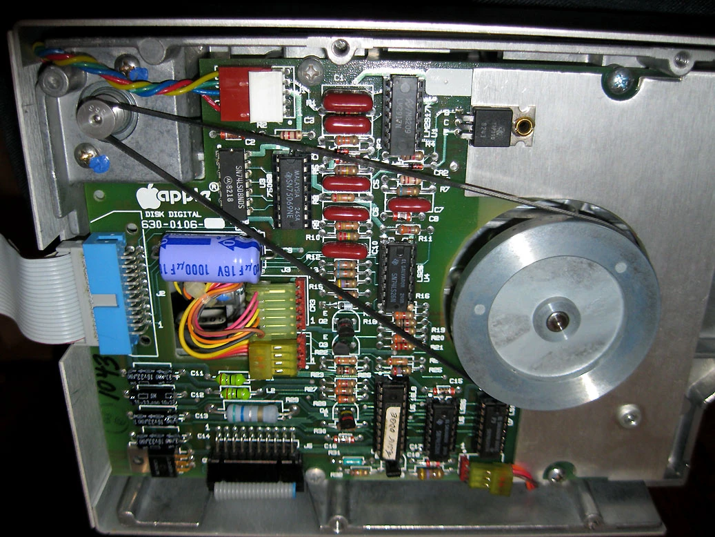 The underside of the disk drive