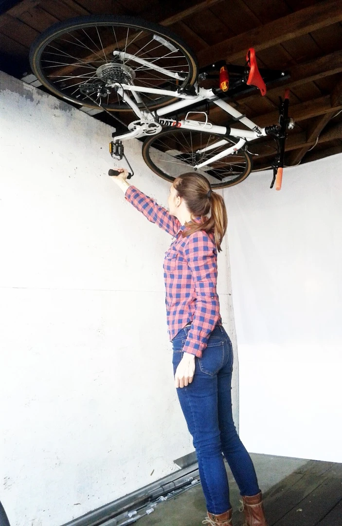 Crafted from aluminum and cold rolled steel, the 7 lb (3.18 kg) Hide-A-Ride is bolted onto ceiling joists and can be installed in spaces as narrow as a hallway