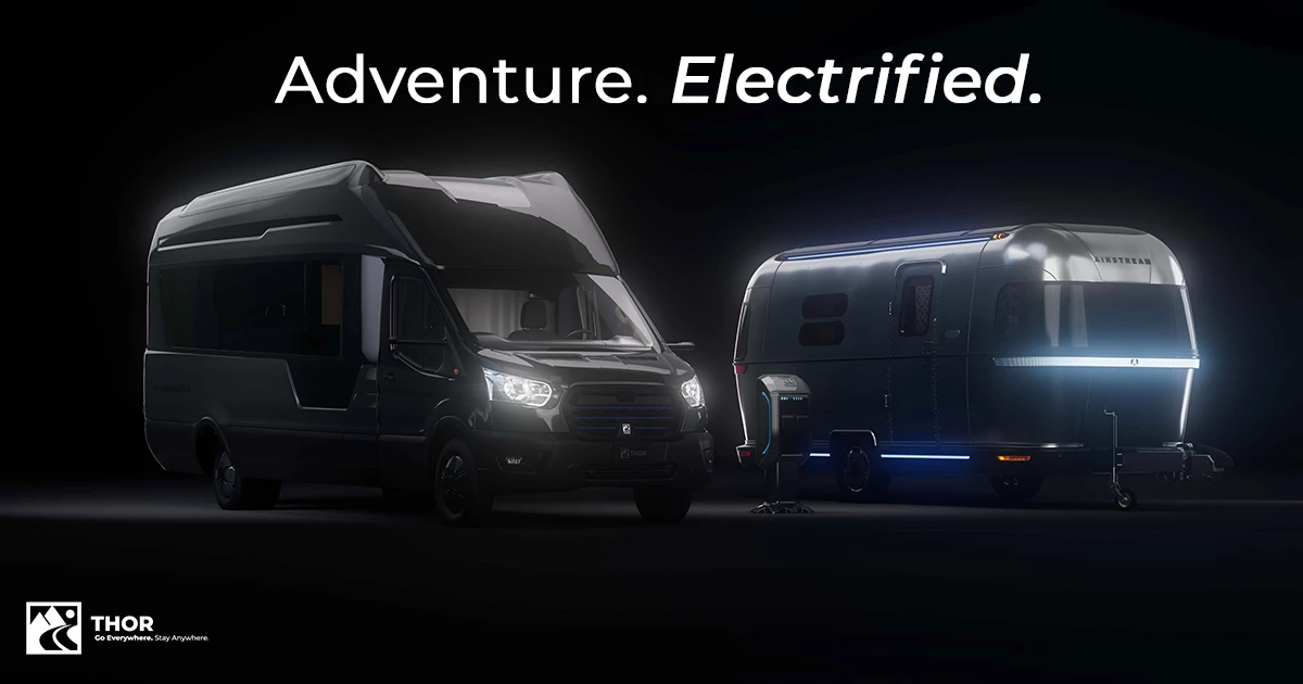 Thor revealed two concepts at the Florida RV SuperShow: the Vision Vehicle FCEV motorhome and the Airstream eStream electrified camping trailer