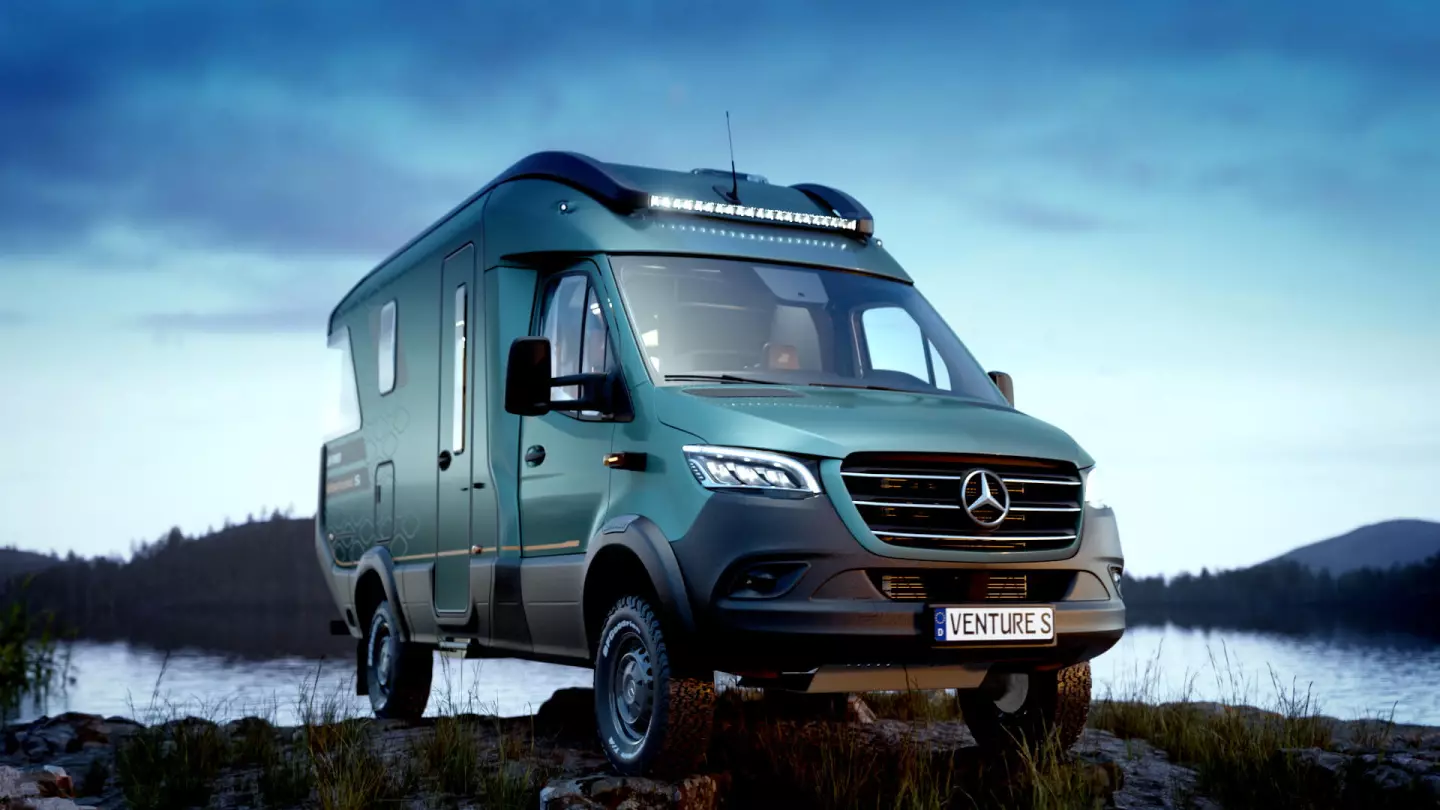 Built on a Mercedes-Benz Sprinter AWD with off-road tires and an available front light bar, the Venture S is designed to be an all-terrain off-grid touring solution