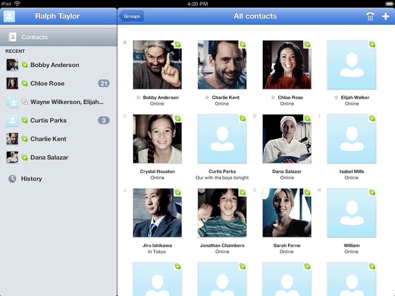 The Skype for iPad Contacts screen
