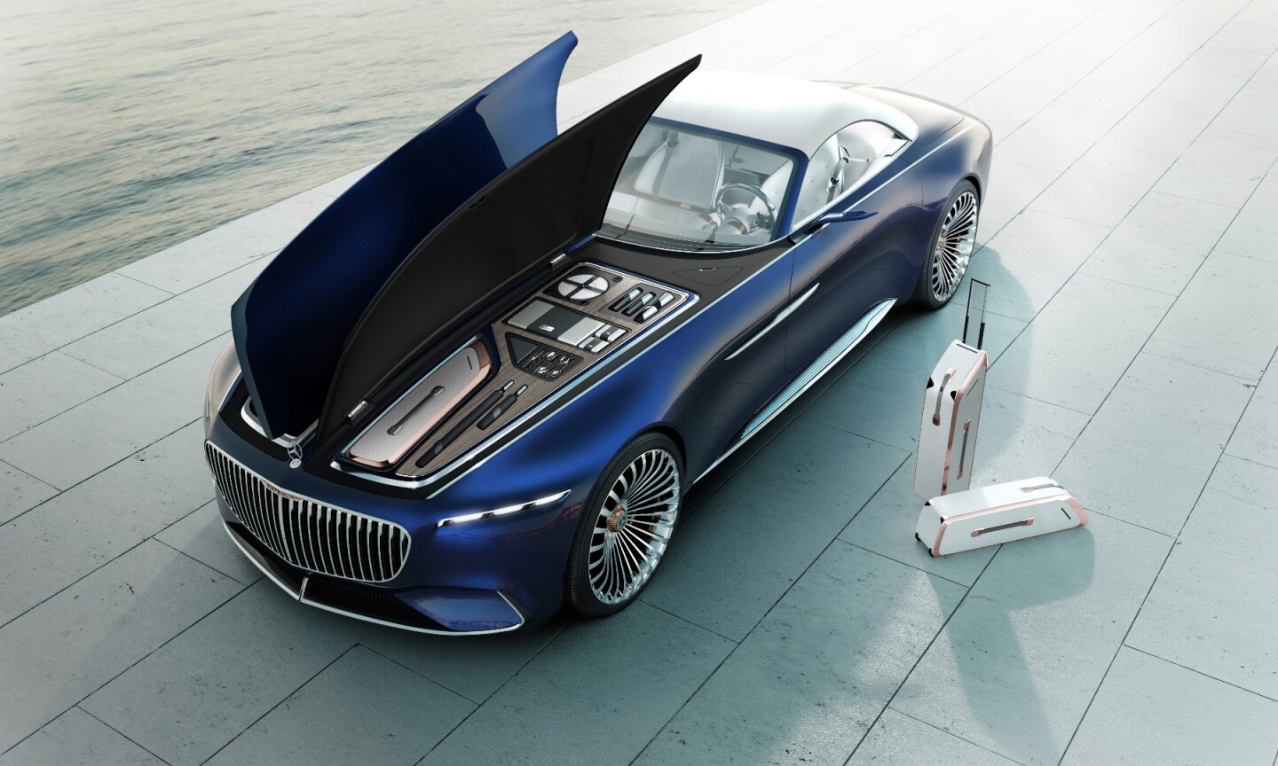 In the front luggage area of the Vision Mercedes-Maybach 6 is a set of two suitcases, exclusively created for the vehicle. Here too the designers have followed the sensual, pure design idiom of Mercedes-Benz. Plenty of space has also been provided for further additions such as picnic accessories or personal items.