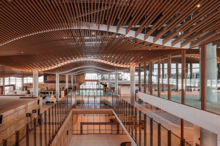 The Western Sydney International Airport's interior is defined by its eye-catching sculpted aluminum ceiling